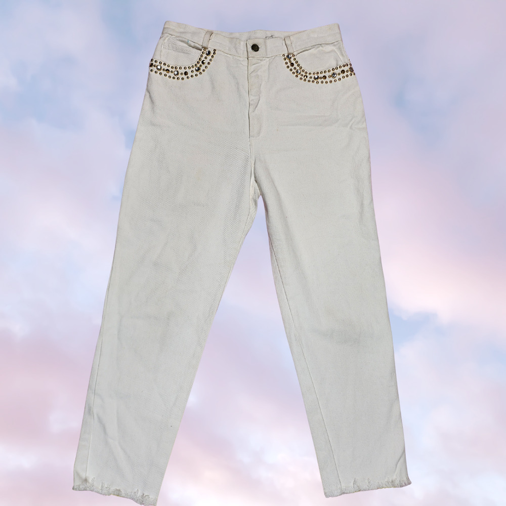 Vtg 80s Bebe Sport Hawaii  White Denim Gold Studded Rhinestone High Waist Jeans